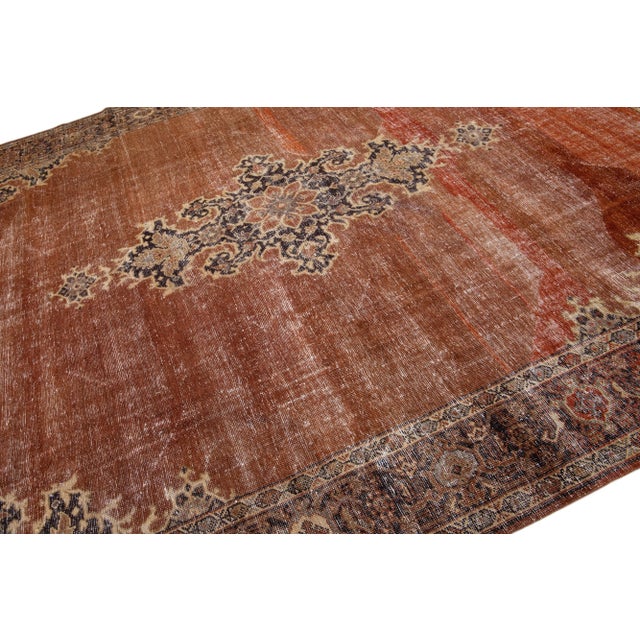 Persian Handmade Antique Tabriz Medallion Wool Rug With Copper Color Field For Sale In New York - Image 6 of 7
