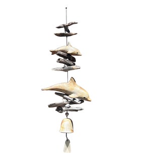 1989 Handcrafted Dolphin Art Pottery Wood Wind Chime Bell For Sale