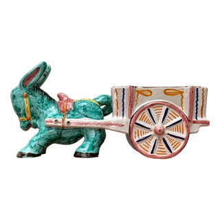 Vintage Italian Handpainted Donkey with Cart Bowl Sculpture from Deruta, Italy For Sale