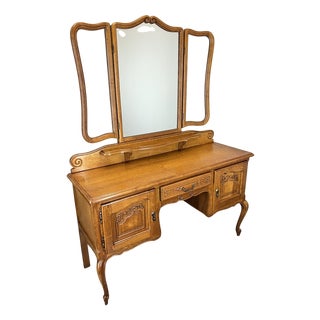 Vintage French Louis Style Oak Dressing Table with Mirror For Sale