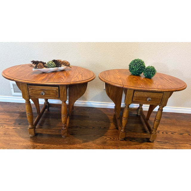 American Vintage Riverside Oak Drop-Leaf End Tables With Drawers – Pair For Sale - Image 3 of 12
