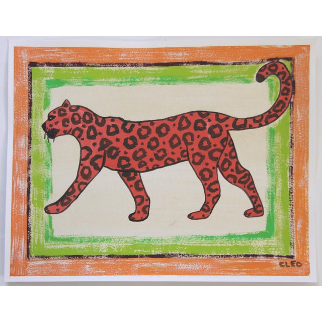 Pop Art Tiger Pop Art Folk Art Minimalism Orange Green Raspberry Pink Original Painting by Cleo Plowden For Sale - Image 3 of 3