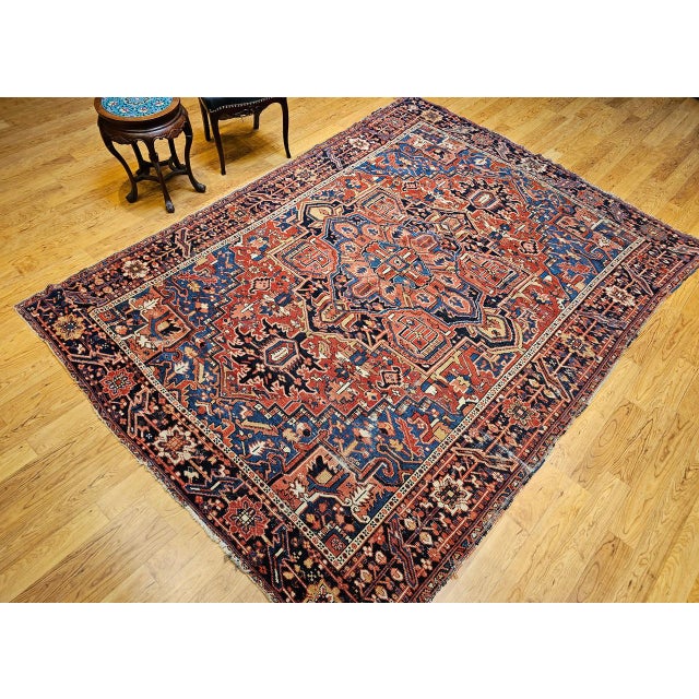 Vintage Heriz Serapi Rug, Hand-Knotted Wool, Geometric Pattern, Rust-Red & Blue, 7x10 For Sale - Image 11 of 18