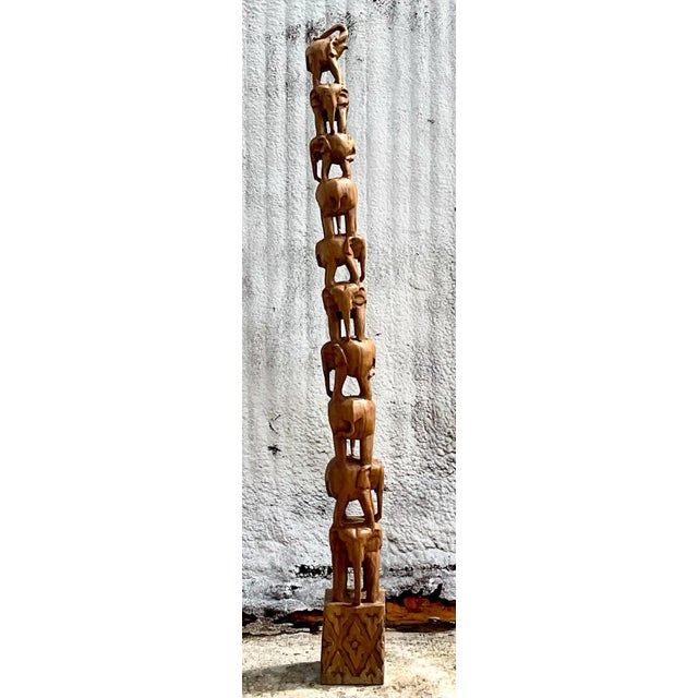 Vintage Boho Carved Wooden Elephant Stack Sculpture For Sale - Image 4 of 9
