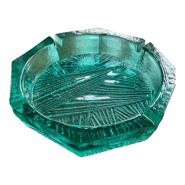 Blenko Green Glass Ashtray – Mid Century Modern Ice Block Textured Geometric Cigar Ashtray For Sale