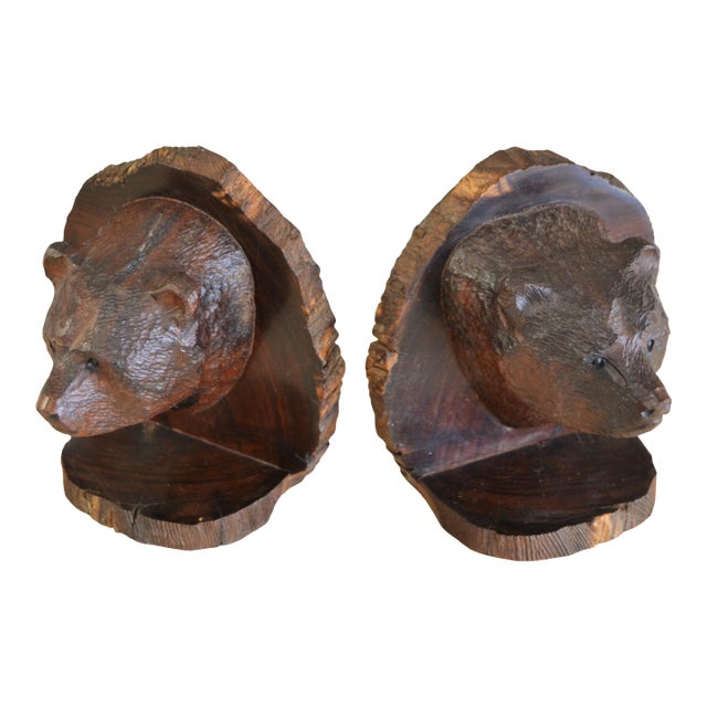Vintage Pair of Hand Carved Grizzly Bear Solid Wood Bookends Rustic Edwardian For Sale