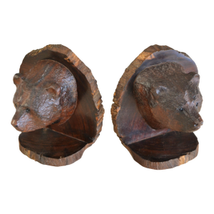 Vintage Pair of Hand Carved Grizzly Bear Solid Wood Bookends Rustic Edwardian