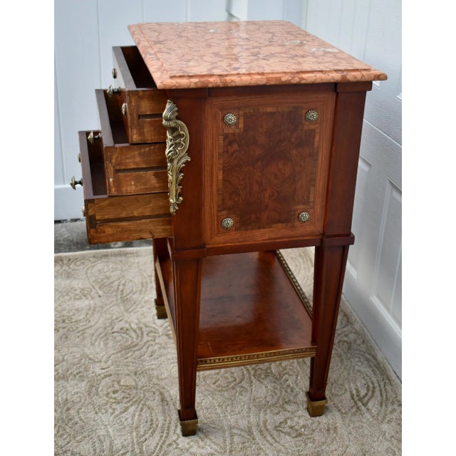 Stone Inlaid Wood Nightstand Vintage Italian 3 Drawer Marble Accent Chest Brass Ormolu 80s For Sale - Image 7 of 13