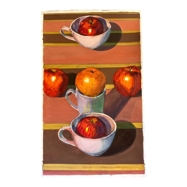 1980’s Vintage Original Still Life With Fruit &Cups Painting For Sale