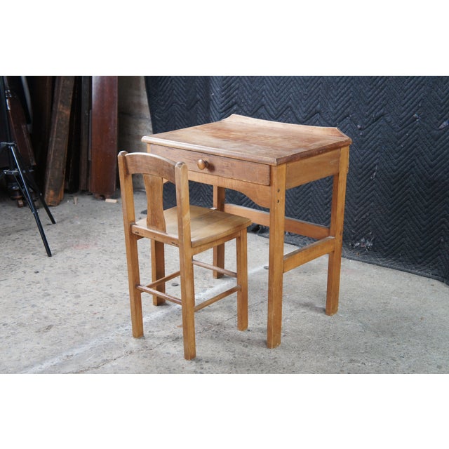 Mid 20th Century Vintage Oak Childs Childrens Schoolhouse Writing Desk Table & Chair For Sale - Image 5 of 12
