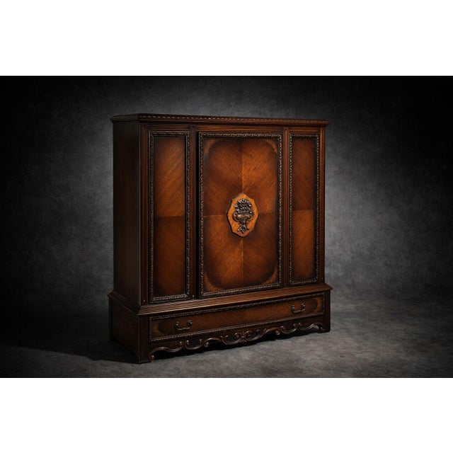 Burnt Umber Pair of Vintage Baker Mahogany Cabinets – Neoclassical Sideboard & Entry Console With Carved Urn Motifs For Sale - Image 8 of 12
