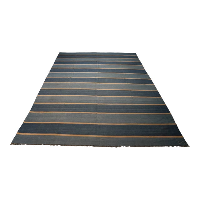 Vintage Dhurrie Rug in Bluewith Stripes, From Rug & Kilim For Sale