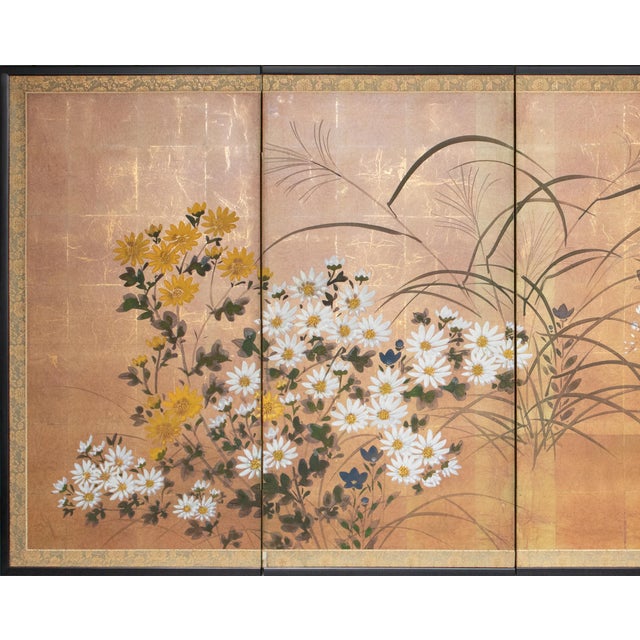 Japanese "Autumn Flowers", 1970s Showa Era Japanese Painted Byobu Screen For Sale - Image 3 of 18