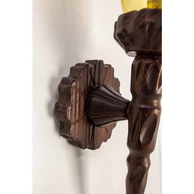 Gold Colored Glass and Pine Sconces, France, 1940, Set of 2 For Sale - Image 8 of 10