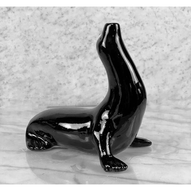 Mid-Century Art Deco Black Porcelain Seal Figural Sculpture For Sale - Image 4 of 8
