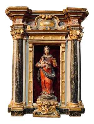 Antique Spanish School Polychromed Carved Wood Baroque Style Shrine of Madonna With Child in Giltwood Niche, 18th Century
