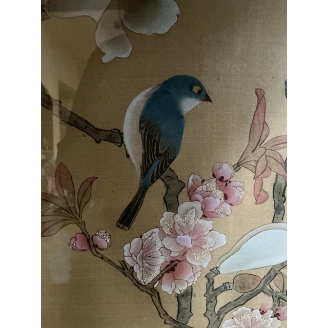 Wood Beautiful Framed East Asian Botanical and Bird Painting For Sale - Image 7 of 12
