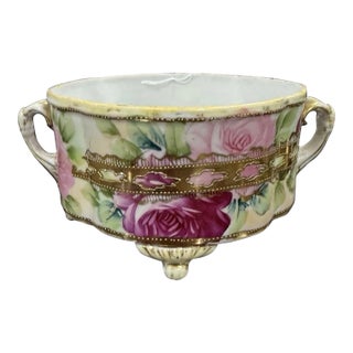 Antique Nippon Hand Painted Footed Ferner Bowl Raised Gold Design W/Pink Roses For Sale