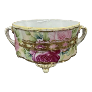 Antique Nippon Hand Painted Footed Ferner Bowl Raised Gold Design W/Pink Roses