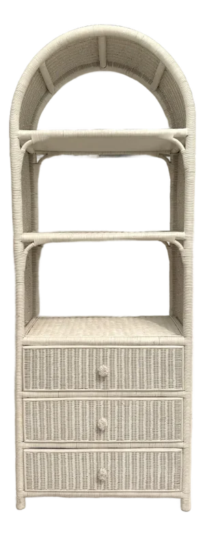 Boho Chic Coastal Arch Top White Woven Wicker Etagere