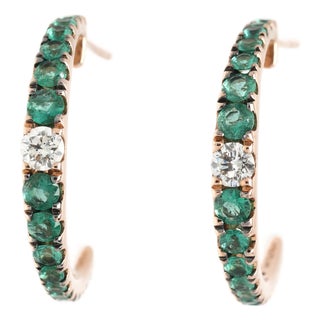 LeVian 1.20ctw Emerald & Diamond Hoop Earrings, 14k Yellow Gold, Length .75 In., Pair For Sale