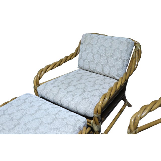 Contemporary Vintage Pair of Organic Modern McGuire Twisted Bamboo Reclining Arm Chairs With Ottomans For Sale - Image 3 of 13