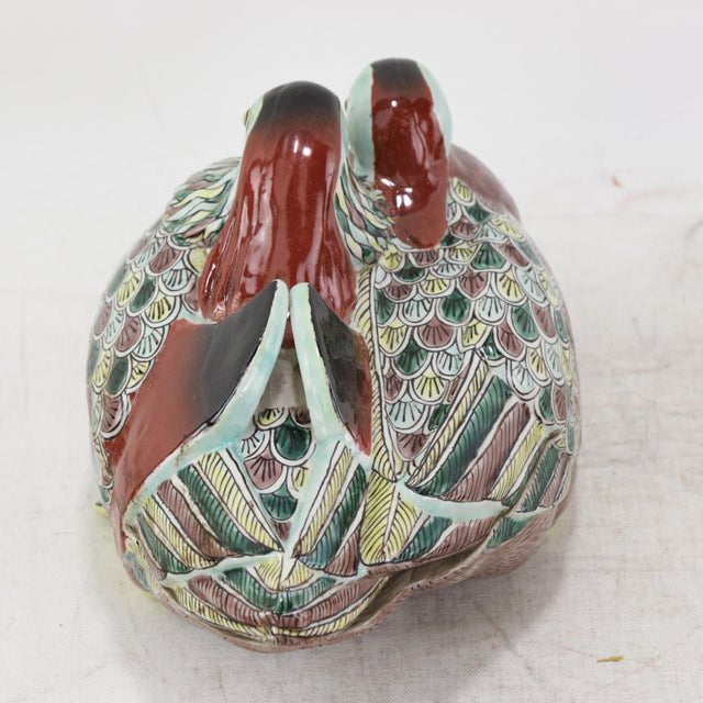 Vintage Chinese Famille Verte Porcelain Pair of Mandarin Ducks Covered Bowl For Sale - Image 4 of 12