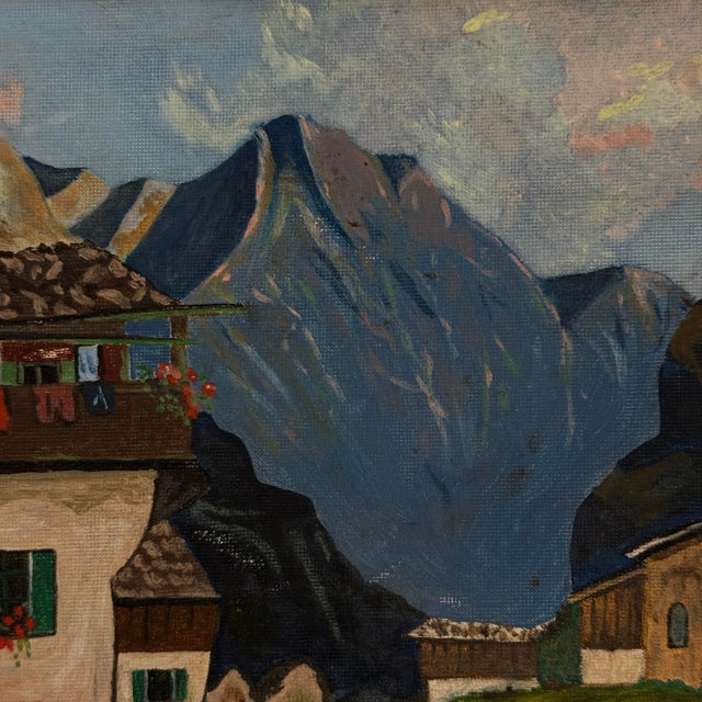 Vintage Original Alpine Village Landscape Oil Painting For Sale - Image 4 of 11