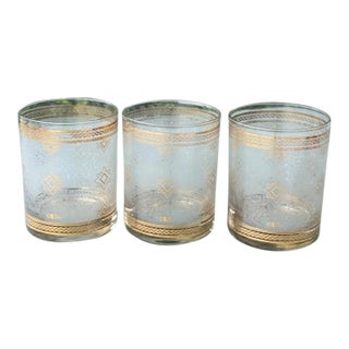 Vintage Cera Lowball (Or Rocks) Glasses - Set of 3 24k Gold Rims and Embossed Glass For Sale