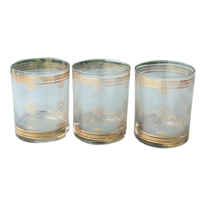 Vintage Cera Lowball (Or Rocks) Glasses - Set of 3 24k Gold Rims and Embossed Glass