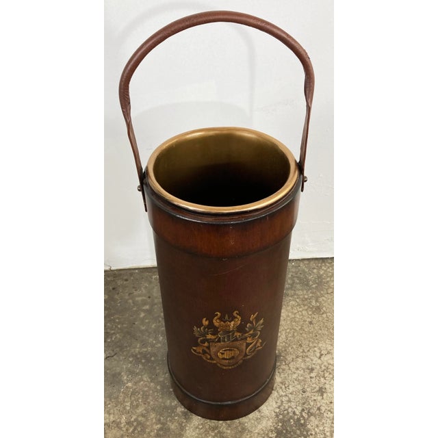 Traditional Vintage Royal Crest Leather Umbrella Stand With Handle For Sale - Image 3 of 10