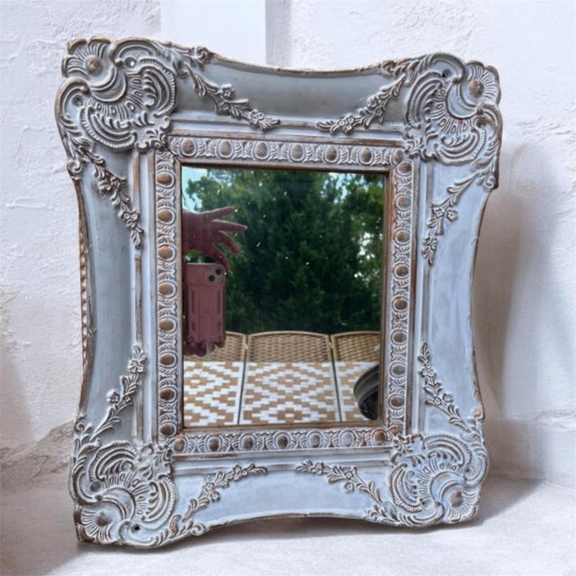 French Country French Country Wall Mirror Features a Heavily Distressed White Frame With Gold Trim For Sale - Image 3 of 15