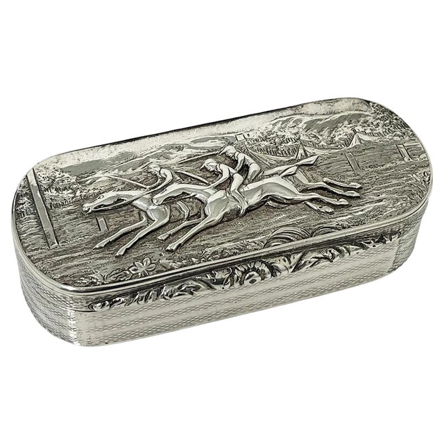 English Silver Horse Racing Snuff Box, Birmingham, 1829 For Sale