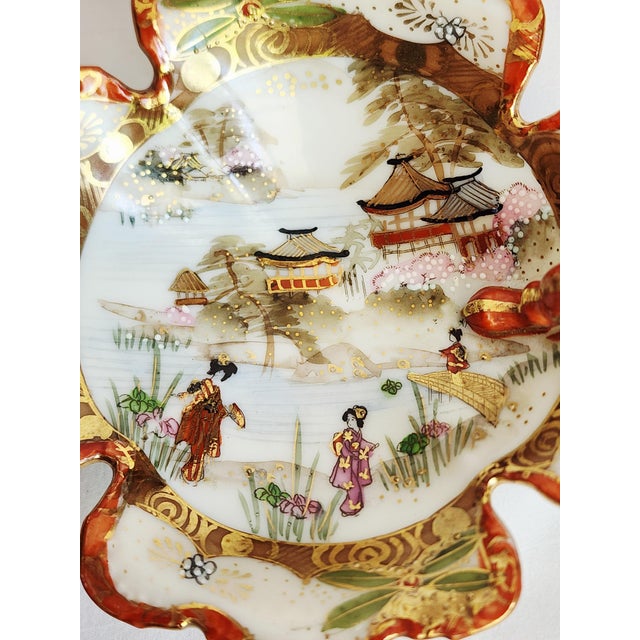 1940s Antique Hand Painted Japanese Kutani Porcelain Trinket Bowl Asian Handled Bowl Decor For Sale - Image 5 of 7