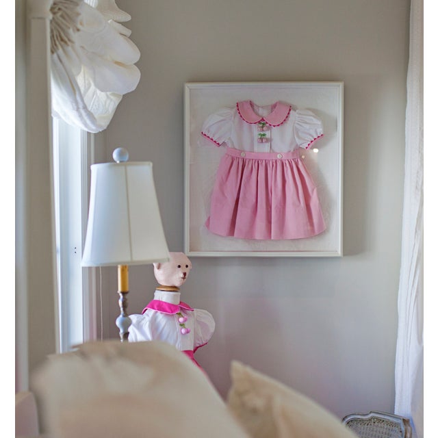 English Nursery Art: Women's Exchange Pink Cherry Dress Framed in a White Wood Shadow Box For Sale - Image 3 of 10