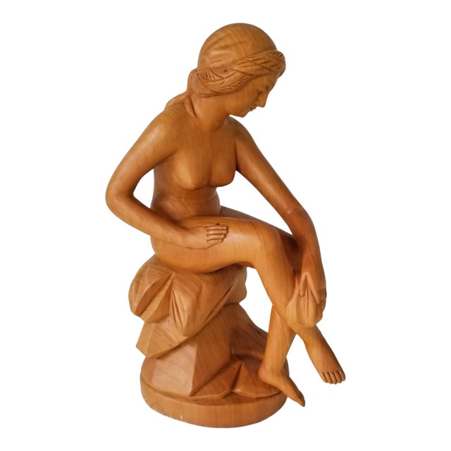 French Style Carved Wood Nude Female Sculpture For Sale