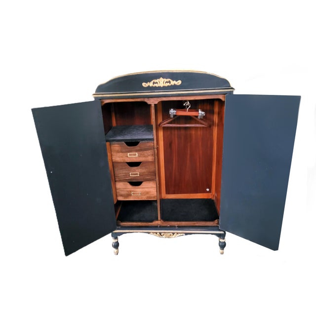 Custom French Louis XV Style Midnight Blue Armoire With Antique Brass & Velvet Medallions For Sale - Image 4 of 14