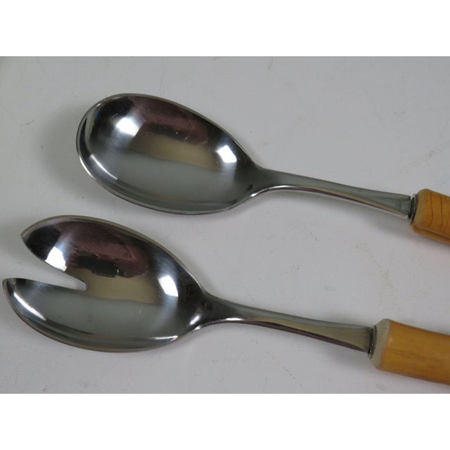 Beige Mid-Century German Bamboo and Stainless Steel Salad Serving Set from Solingen, 1960s For Sale - Image 8 of 11