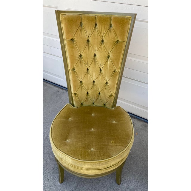 Pair of Vintage Lewittes Hollywood Regency Tufted Citrus Velvet High-Back Dining Chairs For Sale - Image 4 of 18
