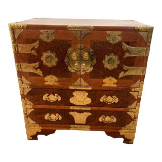 Vintage Korean Elm Burl Brass Bound Bandaji Small Chest Wedding Cabinet Felt For Sale