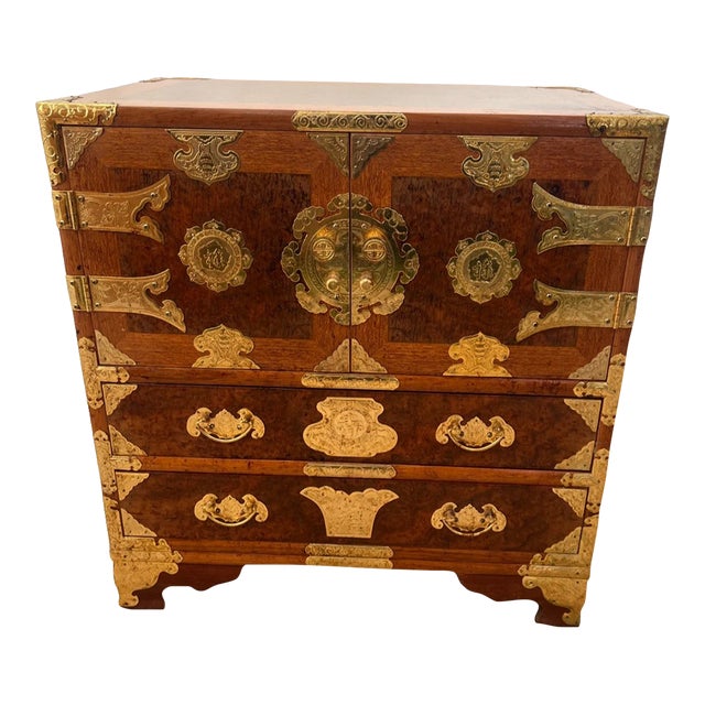 Vintage Korean Elm Burl Brass Bound Bandaji Small Chest Wedding Cabinet Felt For Sale
