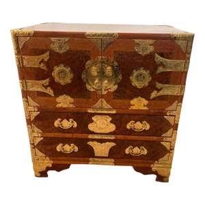 Vintage Korean Elm Burl Brass Bound Bandaji Small Chest Wedding Cabinet Felt