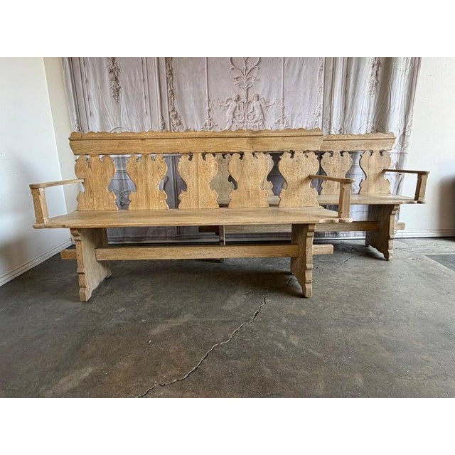 Spanish Rustic Hand-Carved Oak Benches, Pair, Folk Art / Spanish Colonial Style For Sale - Image 3 of 17