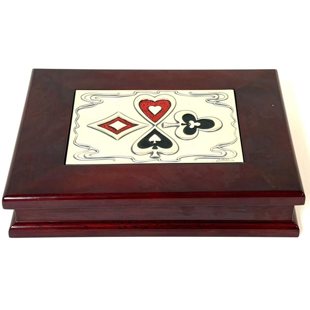A sophisticated Mid-Century Modern sterling silver and enamel playing card box by Castellini, Italy, combining refined...