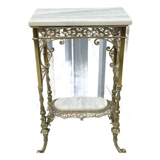 Early 20th Century Fine Ornate Antique Victorian Cast Brass Marble Top Accent Table Fern Stand For Sale