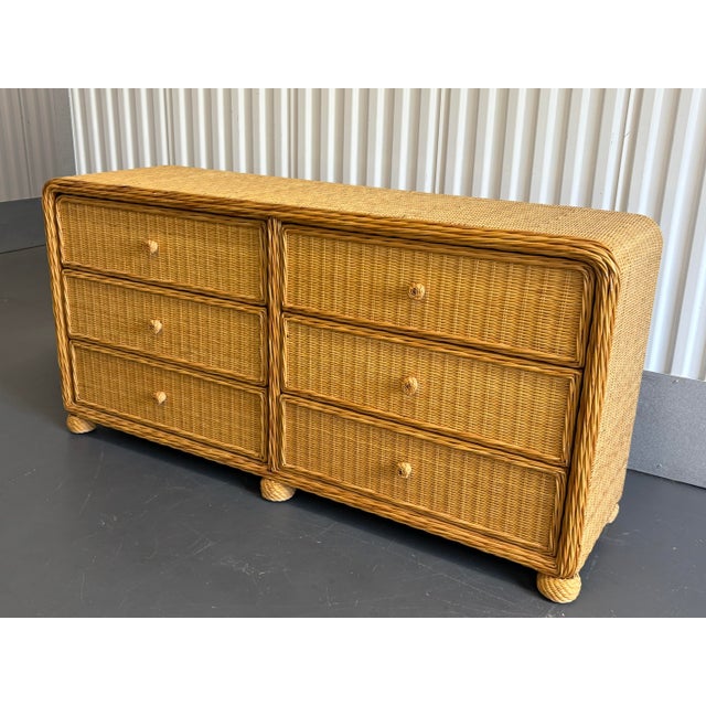 Vintage Boho Chic Pencil Reed Rattan Six Drawer Dresser For Sale In New York - Image 6 of 12