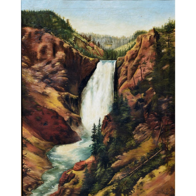 Yellowstone Falls Landscape - Original Turn of the Century Oil Painting Substantial and period painting of Yellowstone...