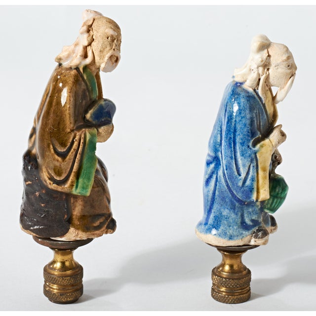 Figurative Early 20th Century Ceramic Chinese Wise Man Lamp Finials - a Pair For Sale - Image 3 of 10