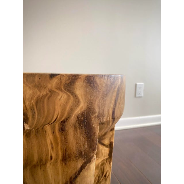 Pair of Polished Solid Teak Burl Wood Three Legged Stools by Made Goods For Sale In Los Angeles - Image 6 of 13