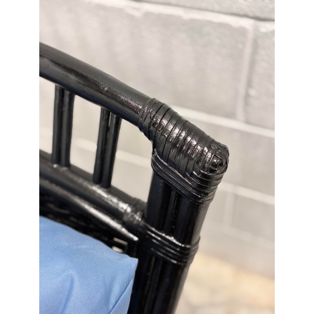 Ebony Vintage Rattan Lounge Chair in Black Enamel. McGuire-Style Leather Bindings and Stick Reed Details. Performance Cushions, Professionally Refurbished. For Sale - Image 8 of 9